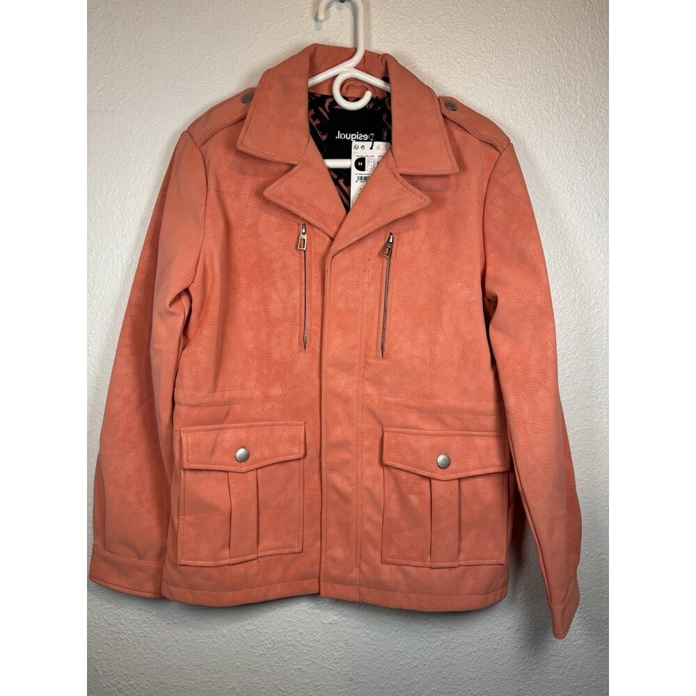New Desigual Multi-Pocket Zip Front Jacket Coat Cinched Waist Salmon Pink Sz M